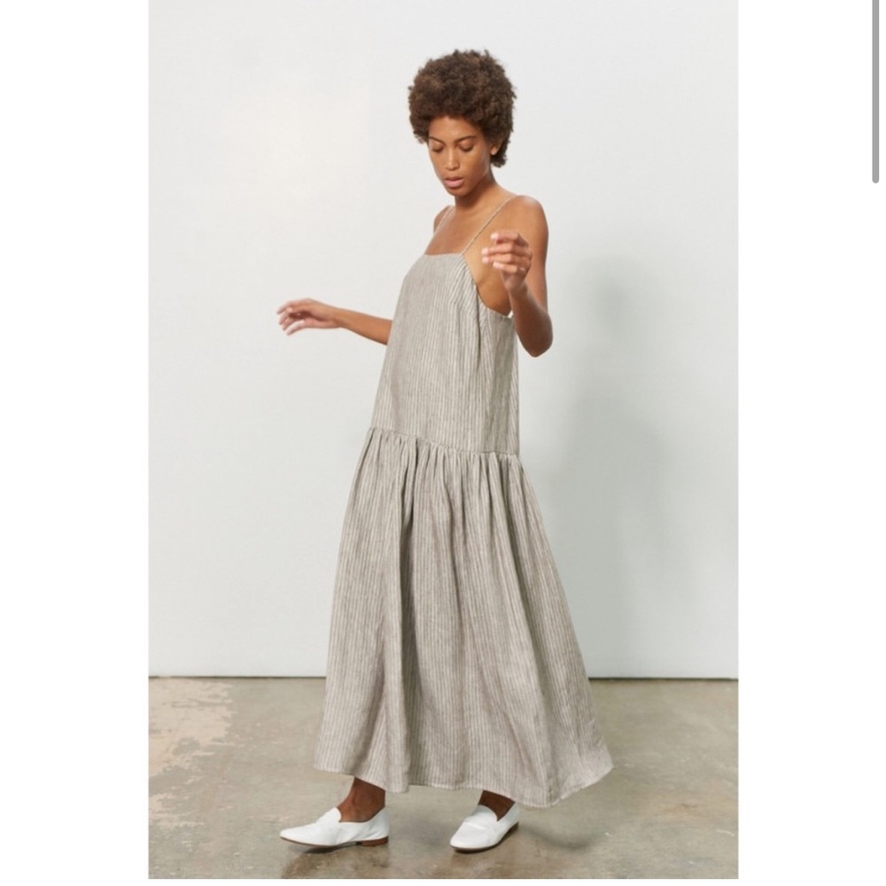 MARA HOFFMAN Renata Taupe Stripe Linen Dress Medium